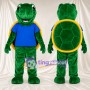 Green Turtle Mascot Costume - Blue T-Shirt and Yellow Shell