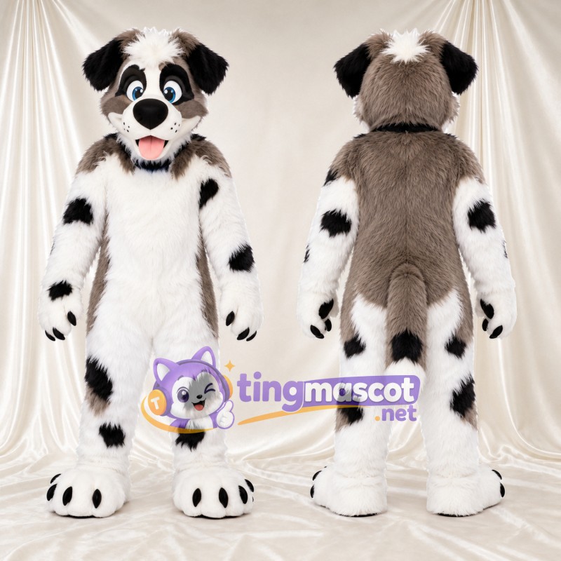 Costume de mascotte Chien – noir / blanc – Corps tacheté; Oreilles tombantes