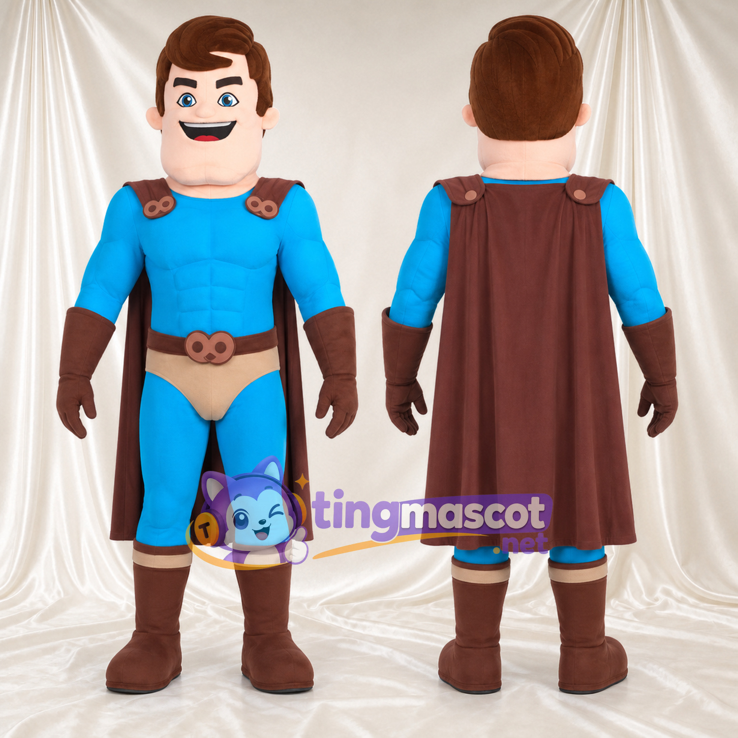 Superhero Man Mascot Costume - Blue Suit, Brown Cape and Brown Boots Superhero Man Mascot Costume - Blue Suit, Brown Cape and Brown Boots