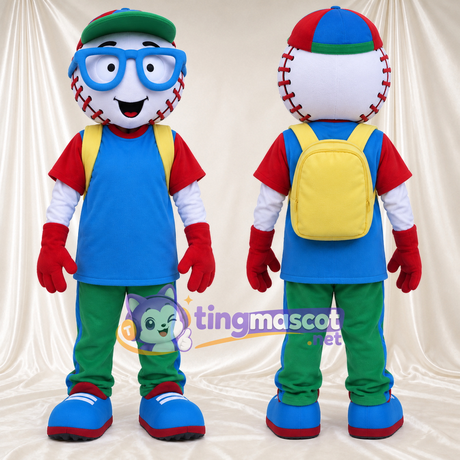 Baseball Character Mascot Costume - Blue Glasses, Green Cap and Colorful Outfit Baseball Character Mascot Costume - Blue Glasses, Green Cap and Colorful Outfit