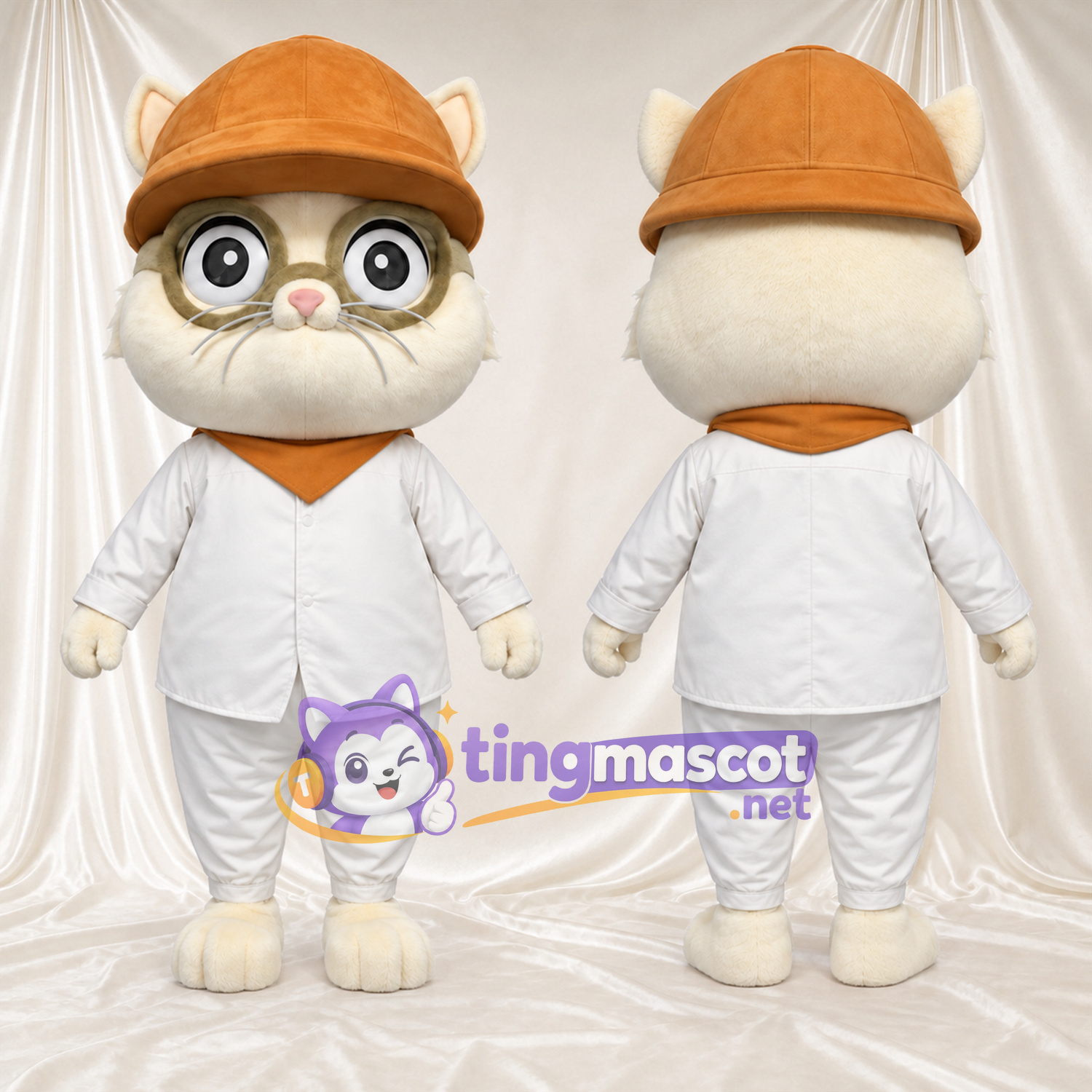 Costume de mascotte Chat – crème – Casquette (orange); Bandana (orange); Chemise (blanc) Costume de mascotte Chat – crème – Casquette (orange); Bandana (orange); Chemise (blanc)