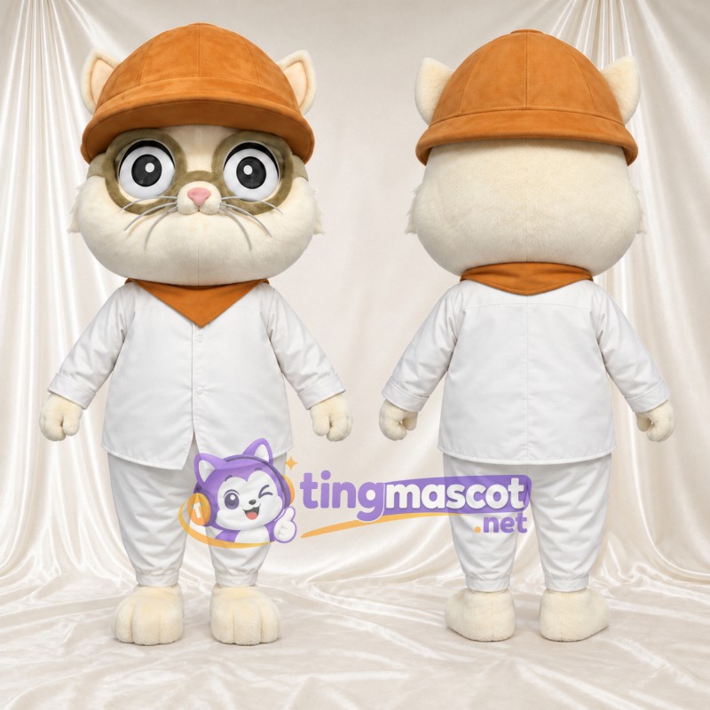Costume de mascotte Chat – crème – Casquette (orange); Bandana (orange); Chemise (blanc)