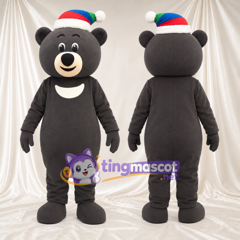 Black Bear Mascot Costume - Multicolor Santa Hat and White Chest Patch