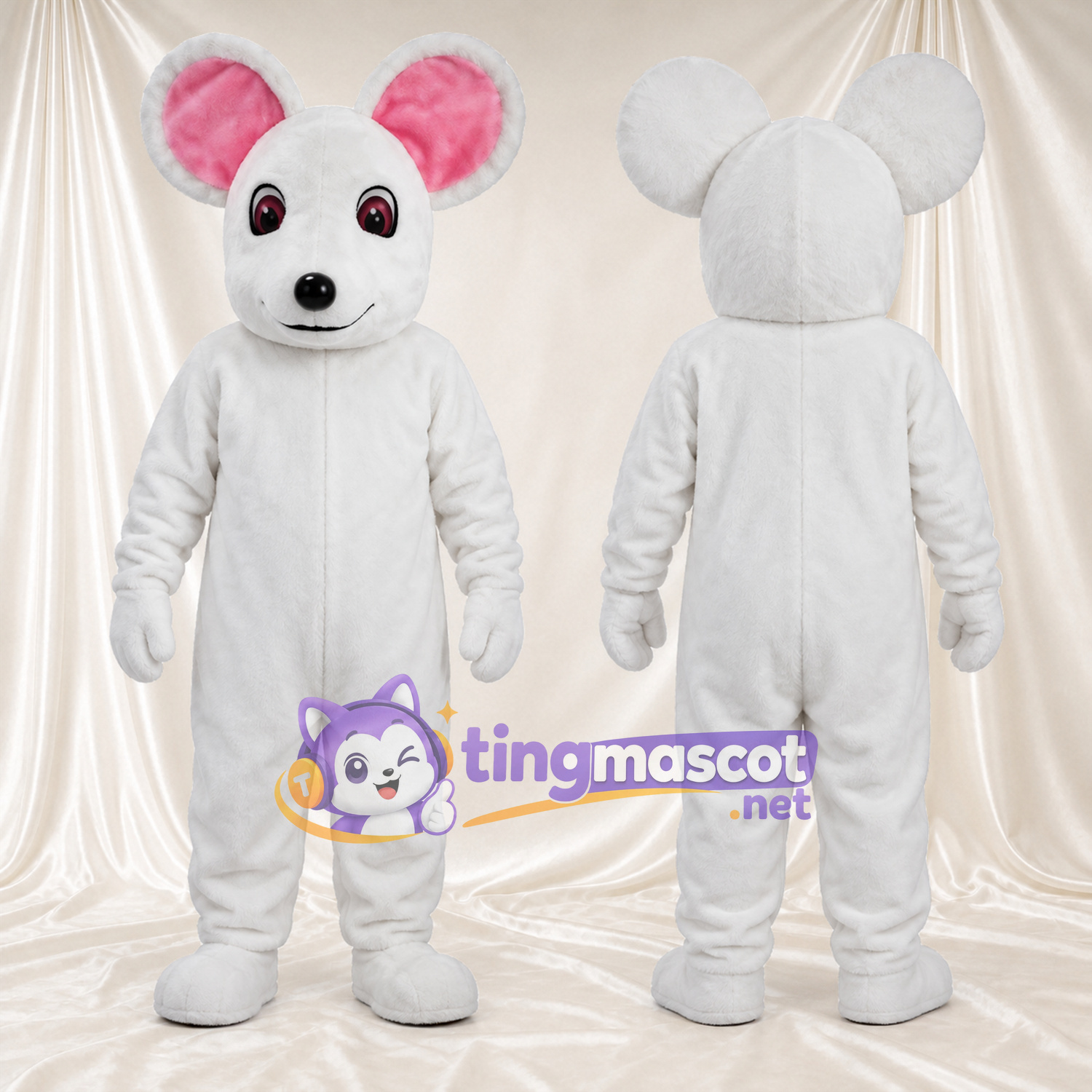 Costume de mascotte Souris – blanc – Oreilles (grand, rose); Nez (noir) Costume de mascotte Souris – blanc – Oreilles (grand, rose); Nez (noir)