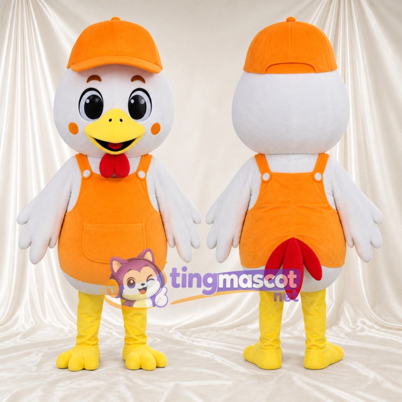 Costume de mascotte Poule – blanc – Casquette (orange); Salopette (orange)