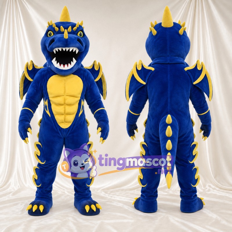 Costume de mascotte Dragon – bleu – Cornes (jaune); Ventre (musclé); Ailes