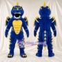 Costume de mascotte Dragon – bleu – Cornes (jaune); Ventre (musclé); Ailes