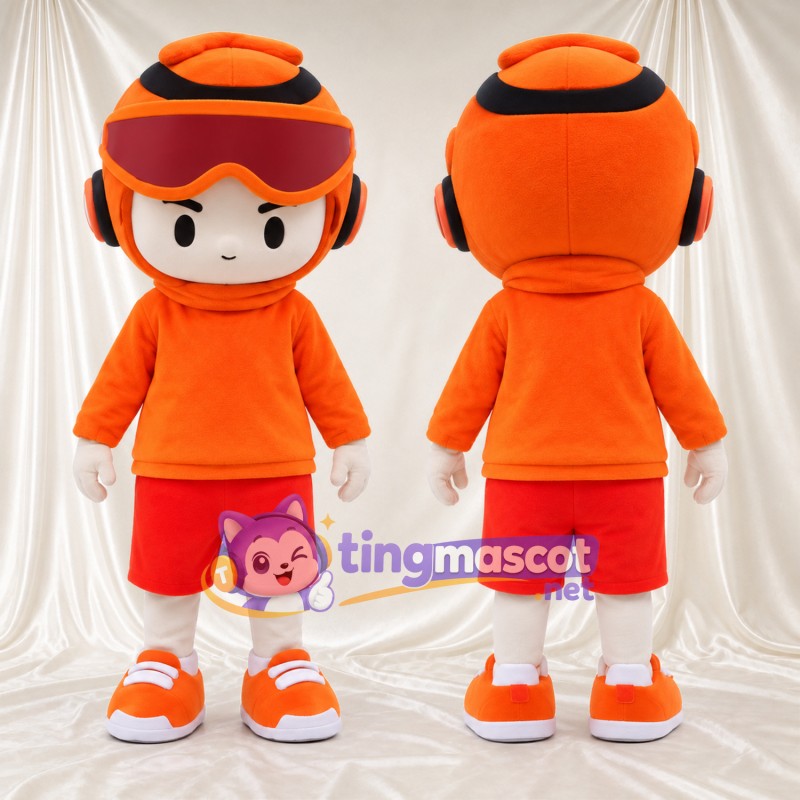 Maskottchenkostüm Jungenfigur – wie abgebildet – Helm (orange); Schutzbrille; Shorts (rot)