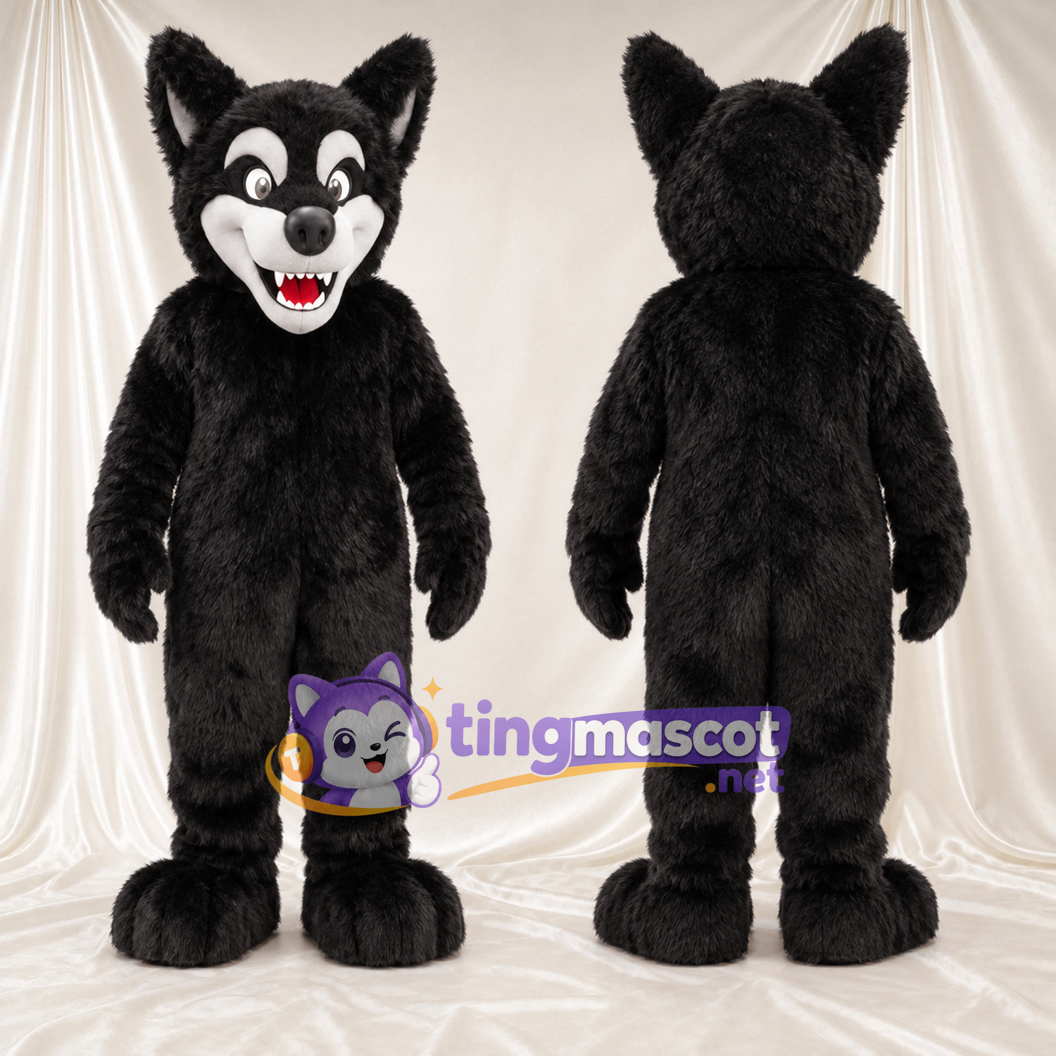 Costume de mascotte Loup – noir – Joues (blanc); Sourire (ouvert) Costume de mascotte Loup – noir – Joues (blanc); Sourire (ouvert)