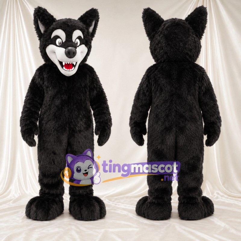 Costume de mascotte Loup – noir – Joues (blanc); Sourire (ouvert)
