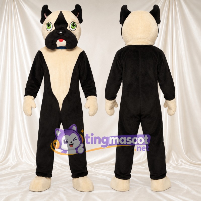 Black and Cream Dog Mascot Costume - Green Eyes and Drooping Jowls