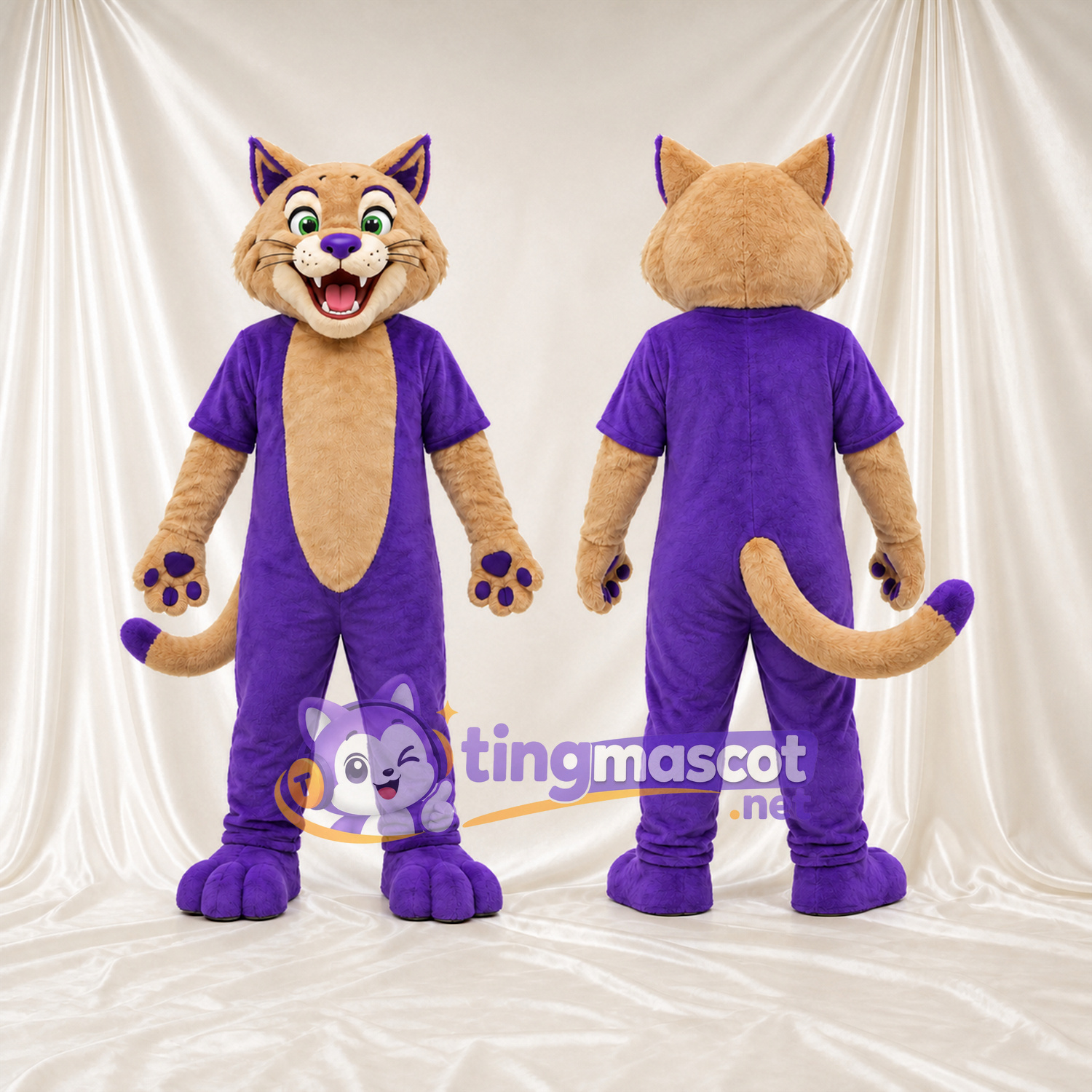 Costume de mascotte Chat – brun clair – Tenue (violet); Coussinets (violet) Costume de mascotte Chat – brun clair – Tenue (violet); Coussinets (violet)
