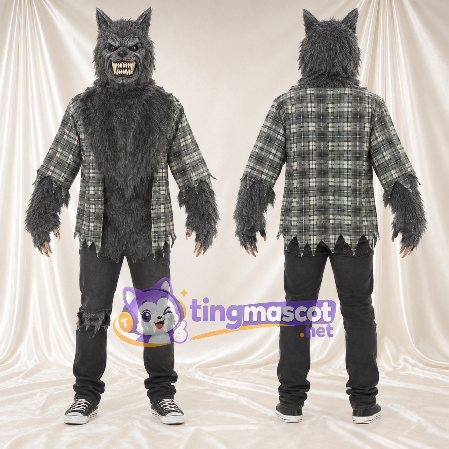 Maskottchenkostüm Werwolf – grau – Hemd (kariert) Maskottchenkostüm Werwolf – grau – Hemd (kariert)