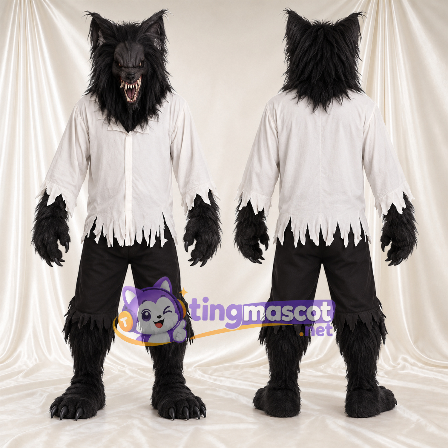 Black Werewolf Mascot Costume - Torn White Shirt and Black Pants Black Werewolf Mascot Costume - Torn White Shirt and Black Pants
