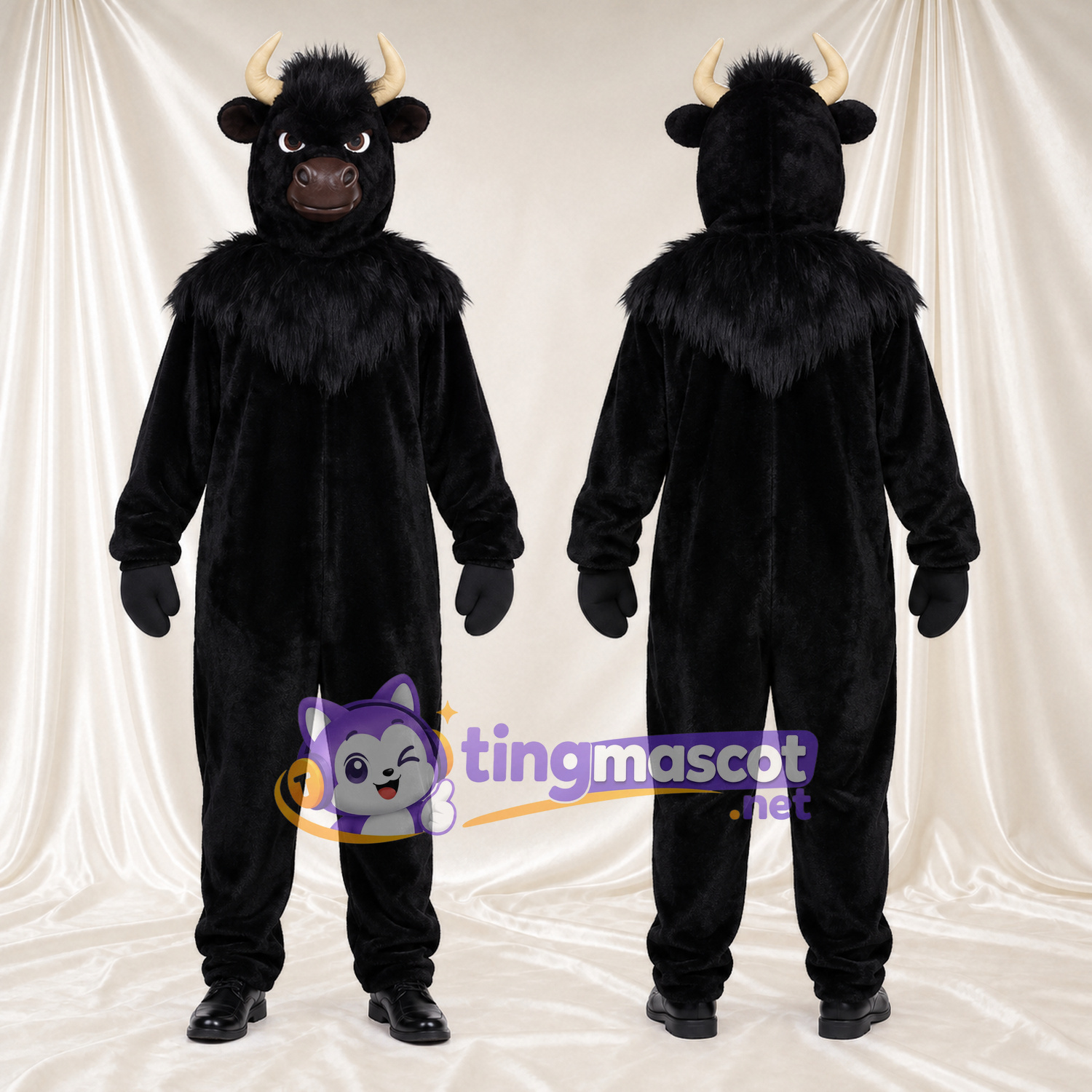 Black Bull Mascot Costume - Beige Horns and Shaggy Neck Ruff Black Bull Mascot Costume - Beige Horns and Shaggy Neck Ruff