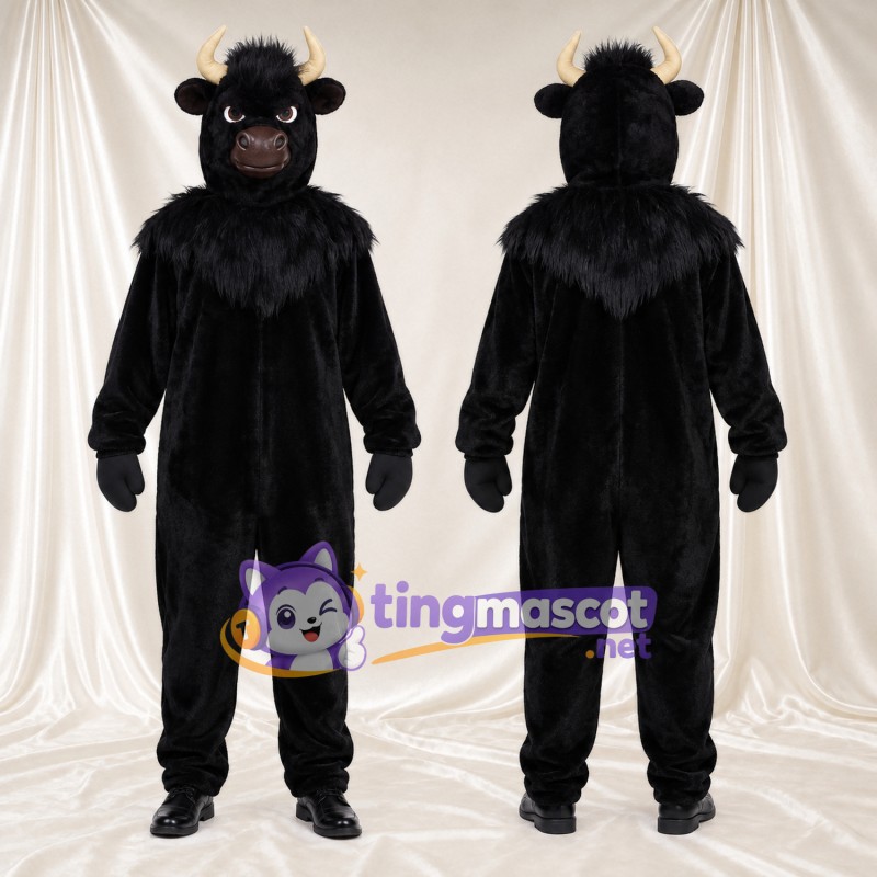 Black Bull Mascot Costume - Beige Horns and Shaggy Neck Ruff