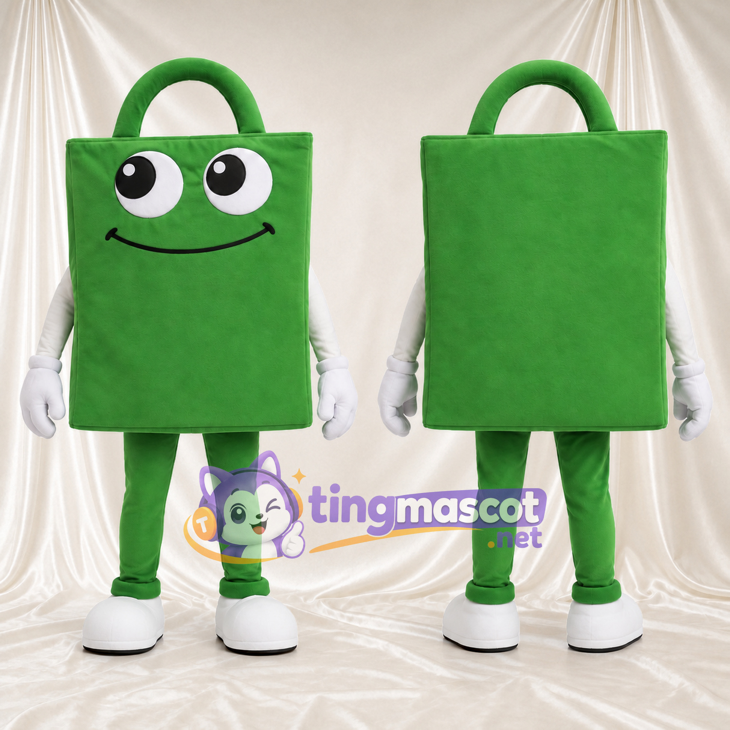 Costume de mascotte Sac de courses – vert – Visage souriant; Gants (blanc) Costume de mascotte Sac de courses – vert – Visage souriant; Gants (blanc)