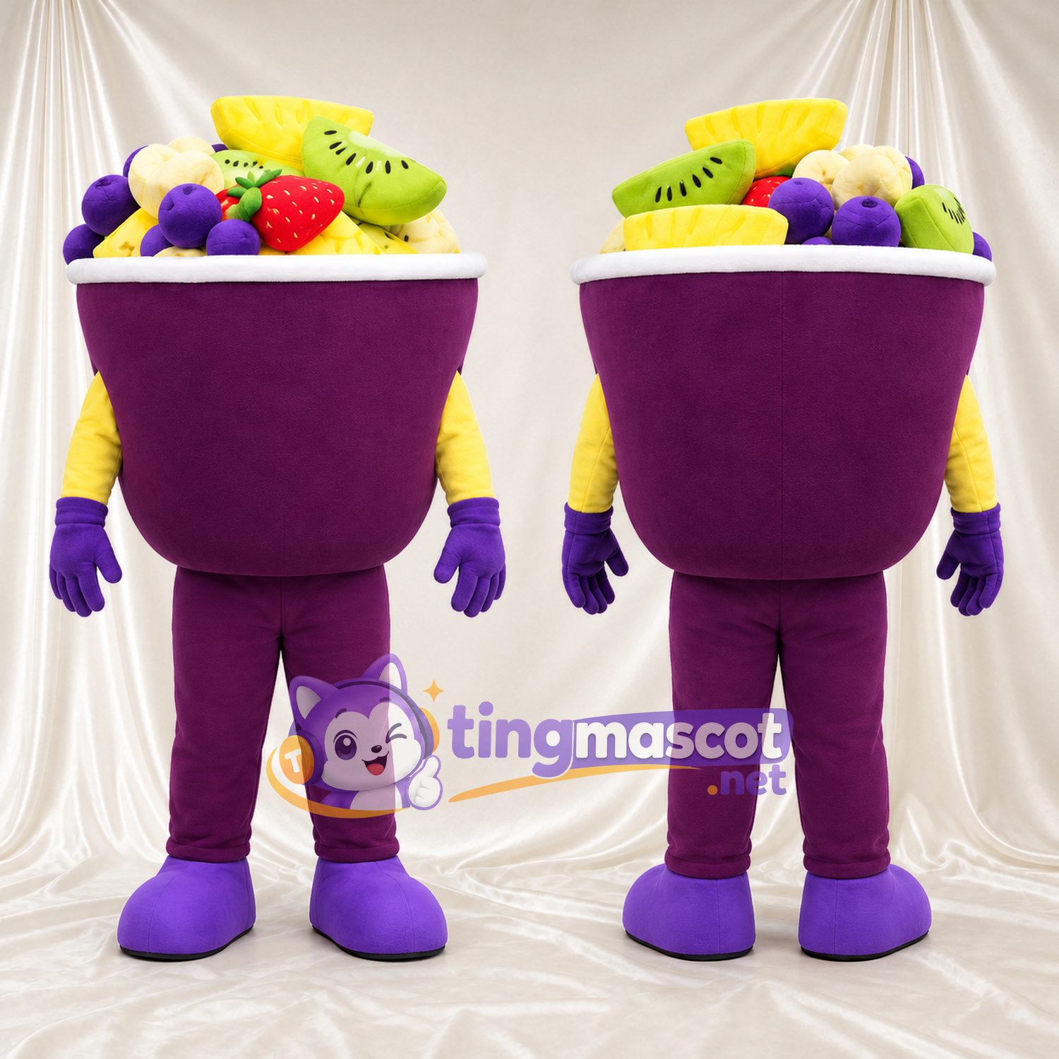 Costume de mascotte Coupe de fruits – violet – Garniture de fruits (assorti) Costume de mascotte Coupe de fruits – violet – Garniture de fruits (assorti)