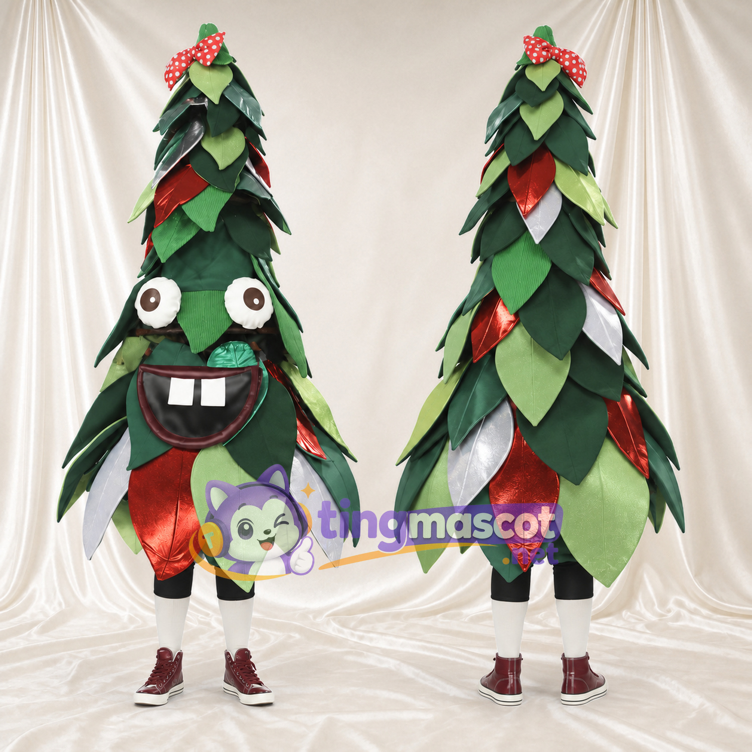 Christmas Tree Mascot Costume - Layered Leaves, Red Bow and Wide Smile Christmas Tree Mascot Costume - Layered Leaves, Red Bow and Wide Smile