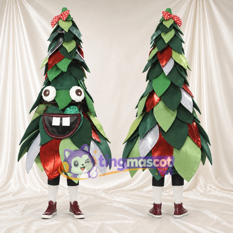 Christmas Tree Mascot Costume - Layered Leaves, Red Bow and Wide Smile