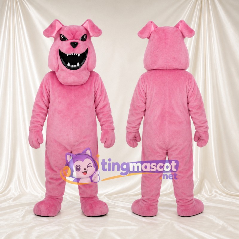 Costume de mascotte Bouledogue – rose – Nez (noir); Bouche à crocs (ouvert)