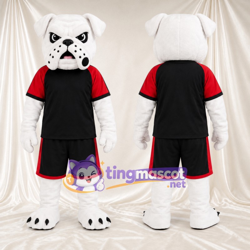 Costume de mascotte Bouledogue – blanc – Tenue de sport (noir, rouge)