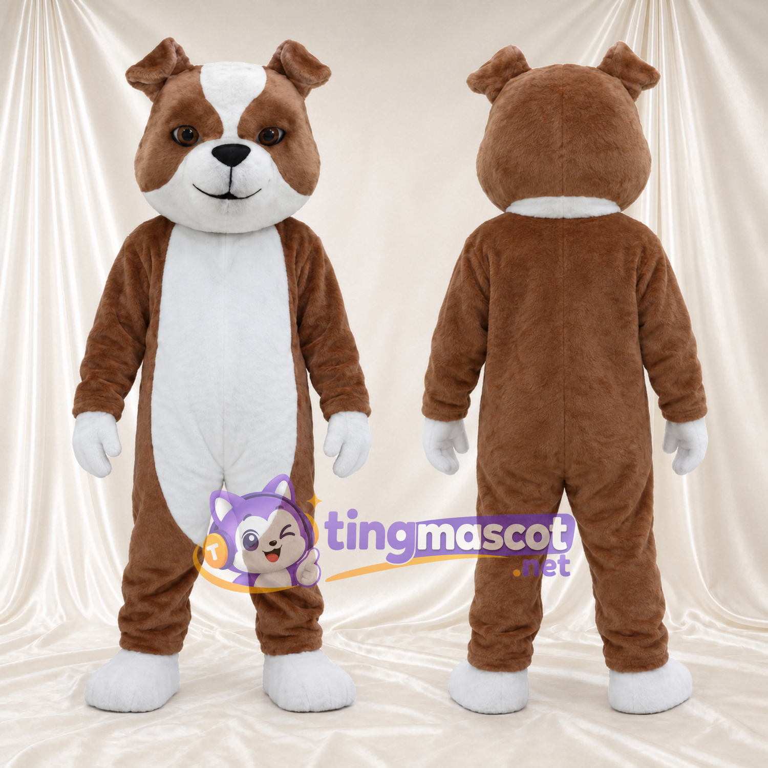 Maskottchenkostüm Hund – braun / weiß – Brust (weiß); Füße (weiß) Maskottchenkostüm Hund – braun / weiß – Brust (weiß); Füße (weiß)
