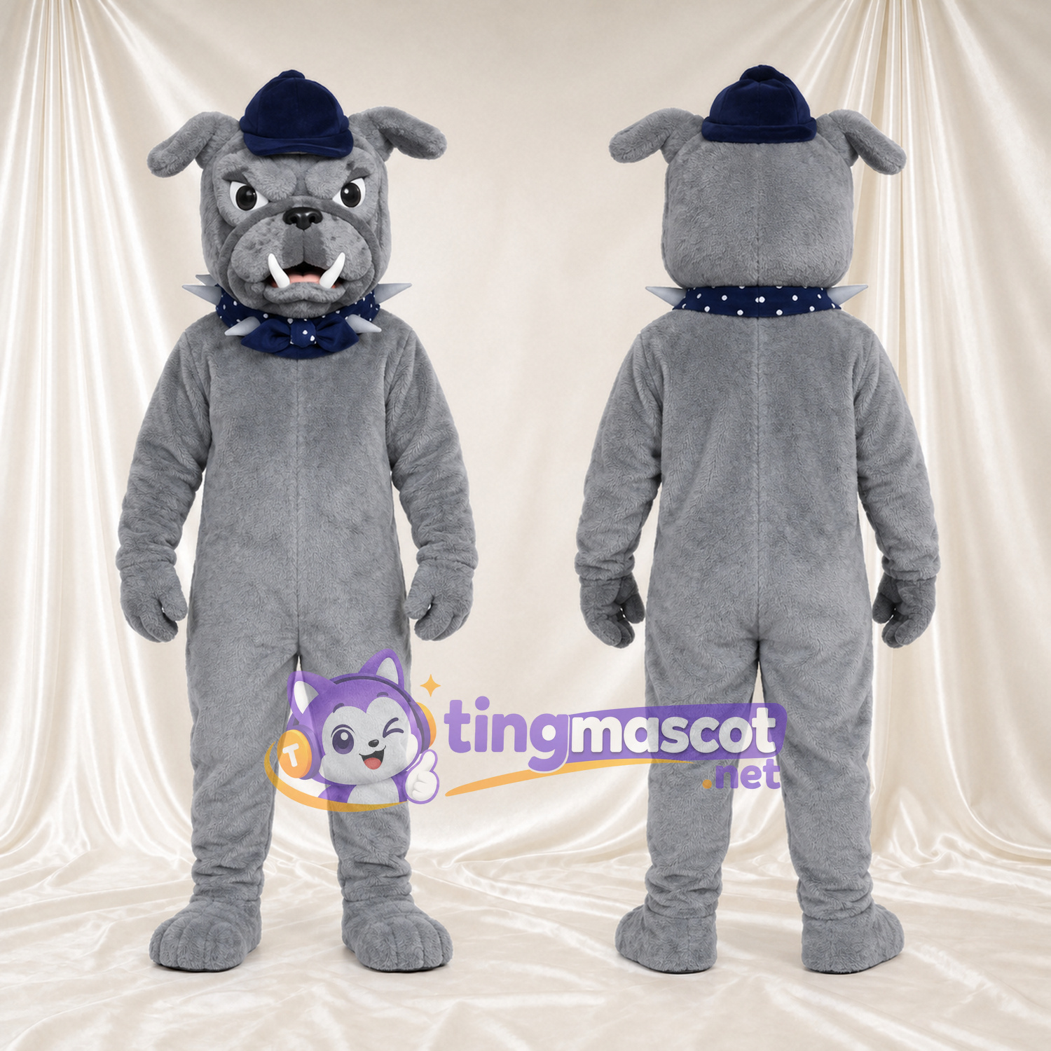 Costume de mascotte Bouledogue – gris – Bonnet (bleu marine); Collier à pointes (bleu) Costume de mascotte Bouledogue – gris – Bonnet (bleu marine); Collier à pointes (bleu)