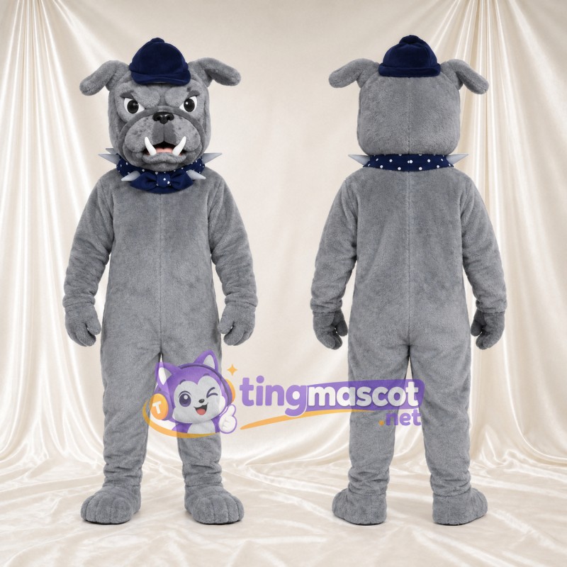 Costume de mascotte Bouledogue – gris – Bonnet (bleu marine); Collier à pointes (bleu)