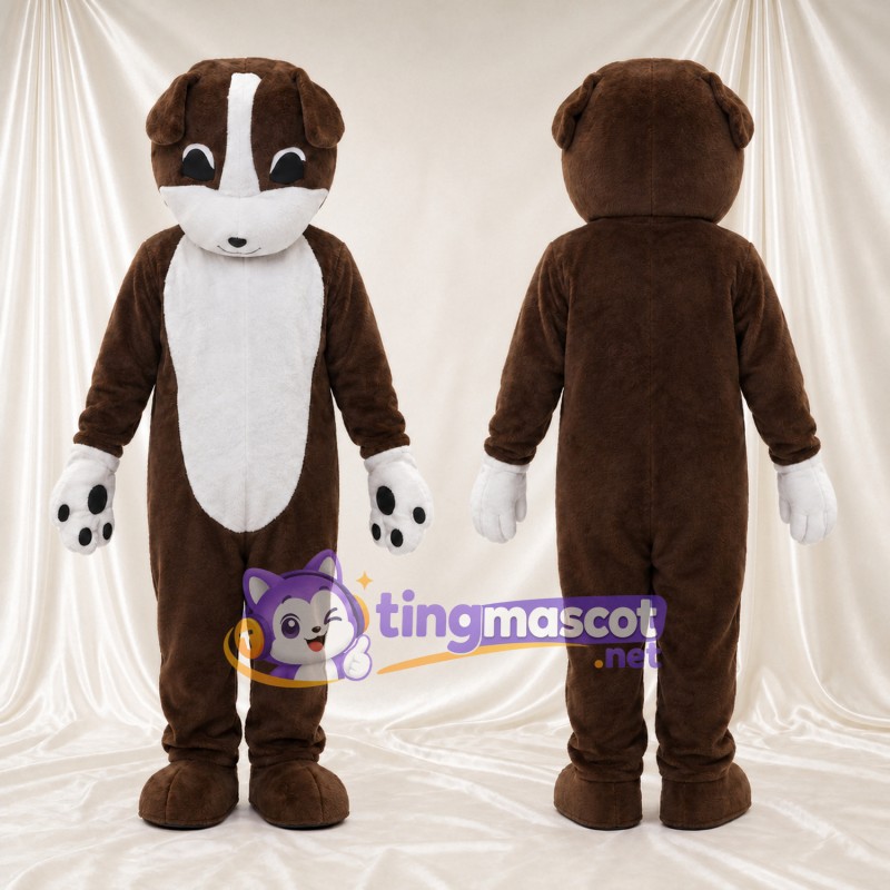Costume de mascotte Chien – marron foncé – Torse (blanc); Mains (grand, blanc)