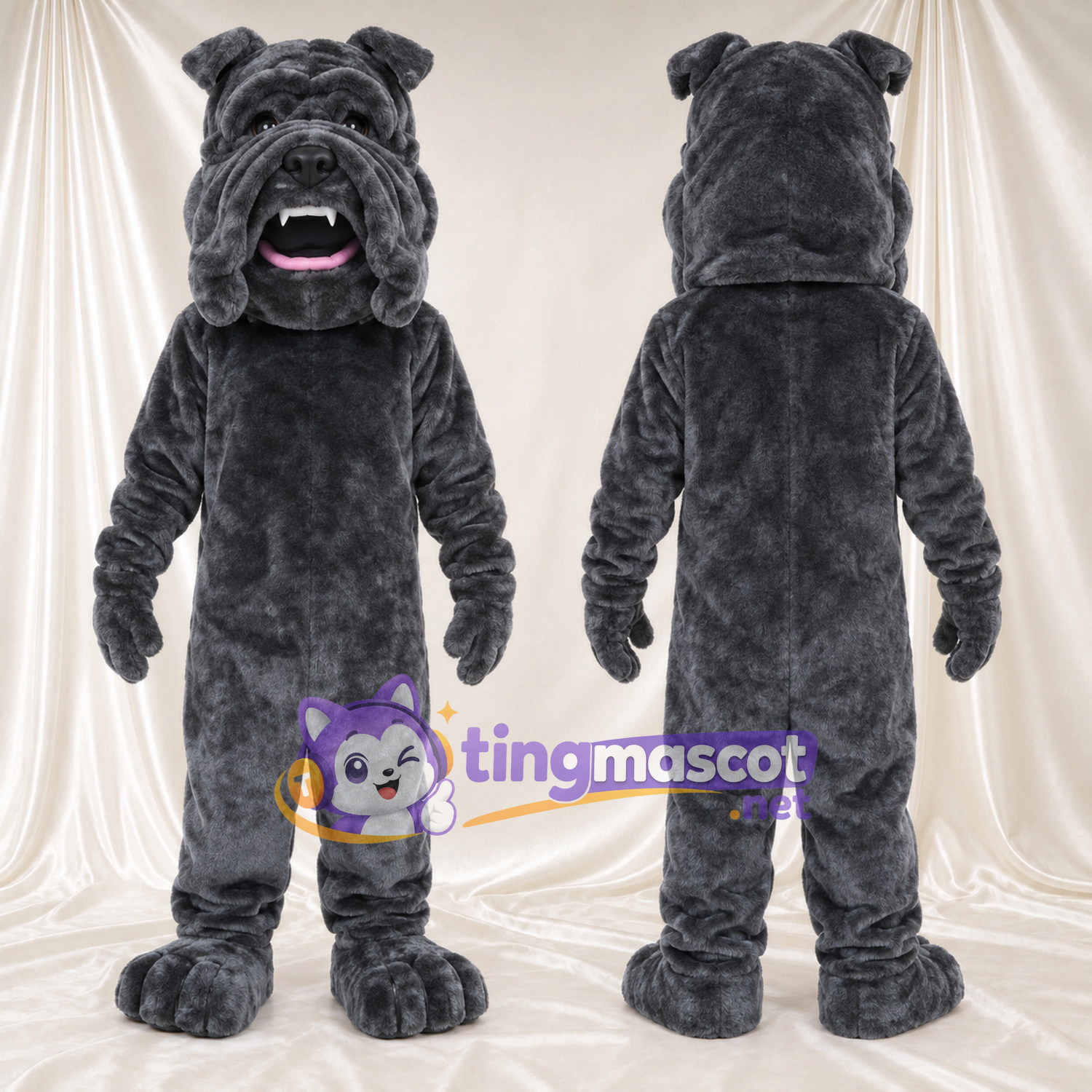 Costume de mascotte Bouledogue – anthracite – Museau (plissé); Bouche ouverte Costume de mascotte Bouledogue – anthracite – Museau (plissé); Bouche ouverte