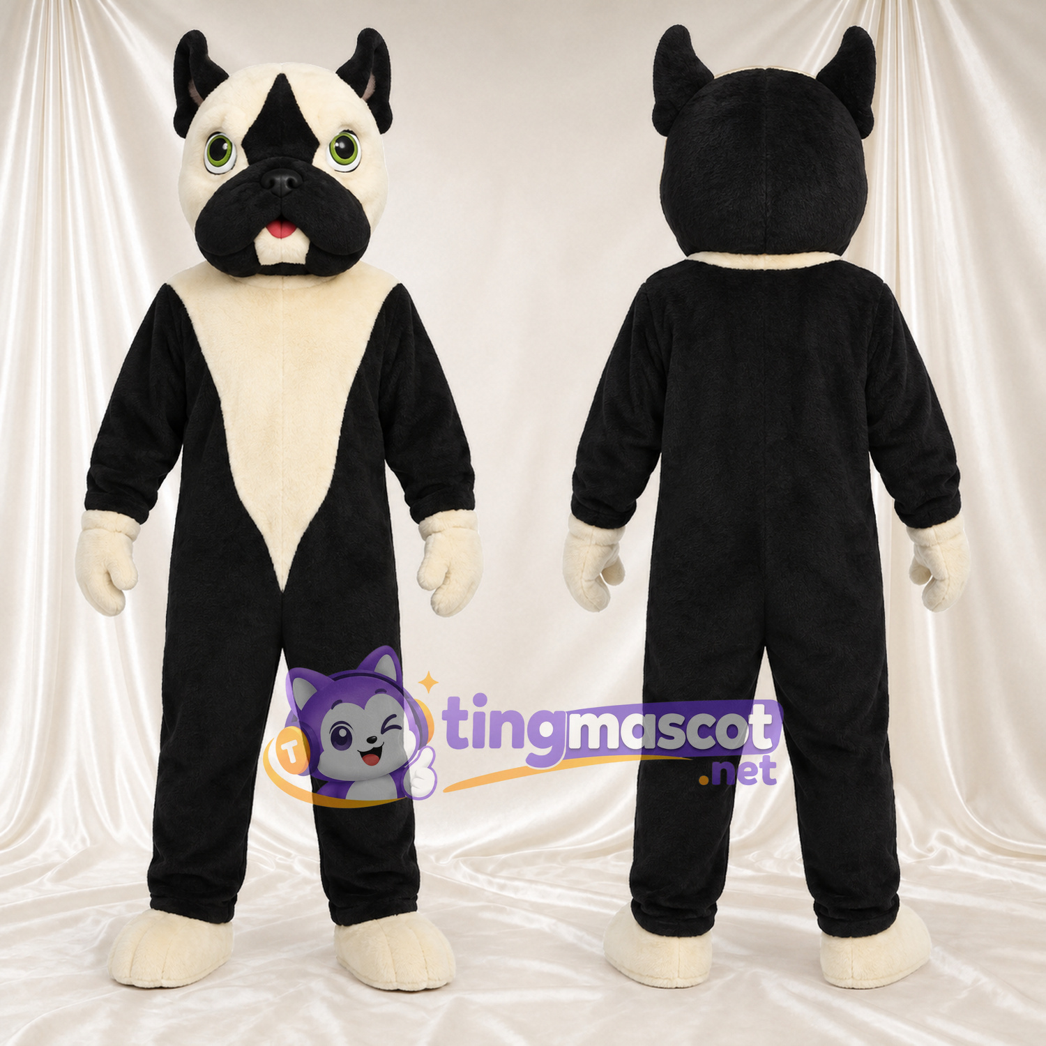 Black and Cream Dog Mascot Costume - Pointed Ears and Green Eyes Black and Cream Dog Mascot Costume - Pointed Ears and Green Eyes