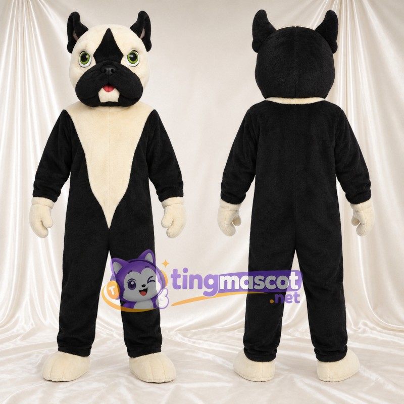 Black and Cream Dog Mascot Costume - Pointed Ears and Green Eyes