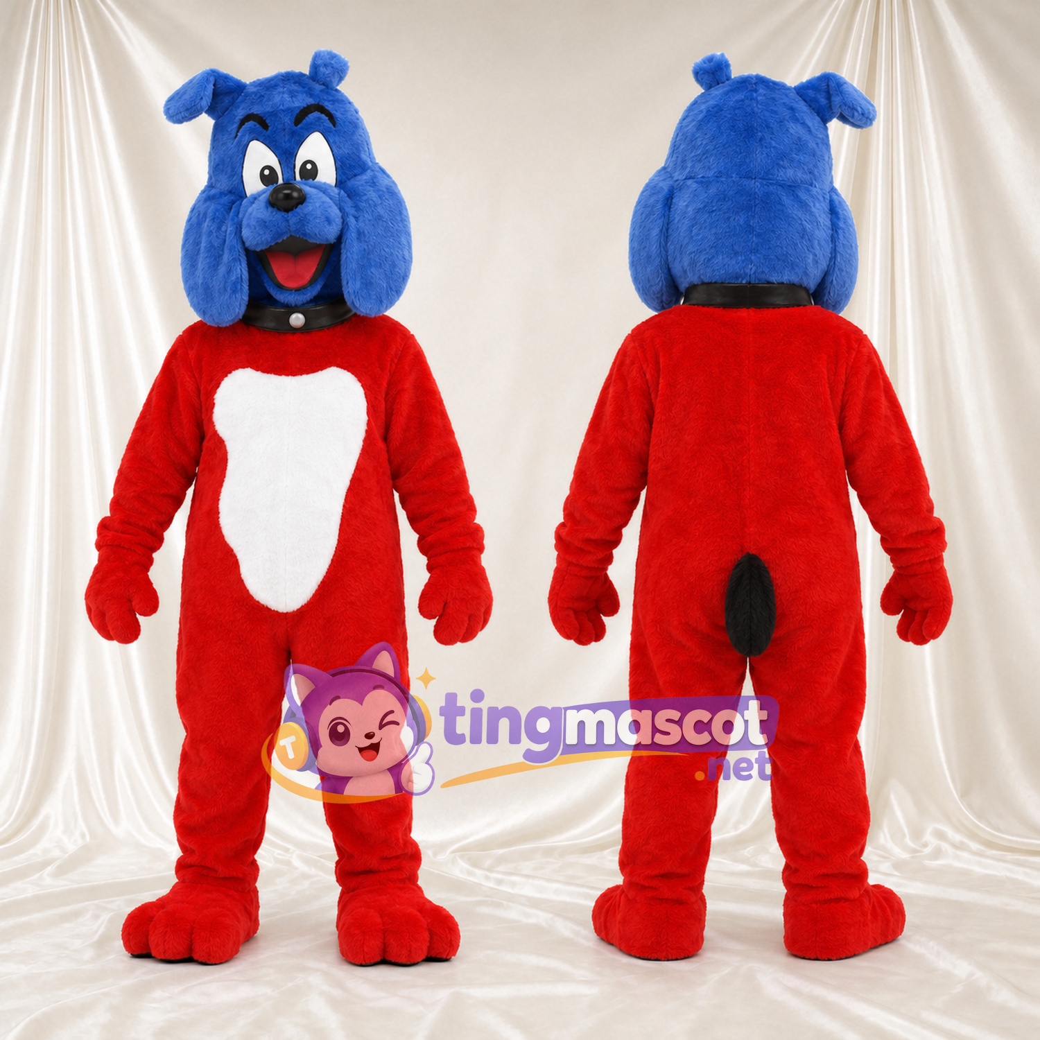 Costume de mascotte Chien – bleu – Corps (rouge); Ventre (blanc) Costume de mascotte Chien – bleu – Corps (rouge); Ventre (blanc)