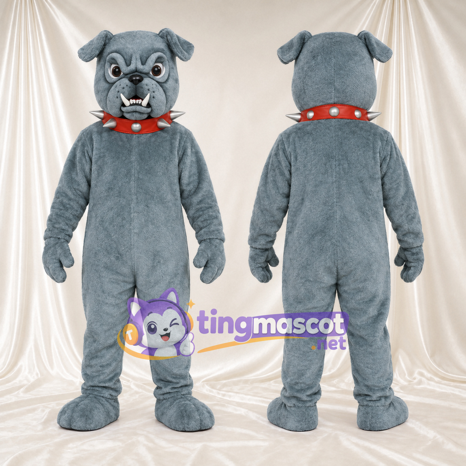 Blue-Gray Bulldog Mascot Costume - Red Spiked Collar and Wide Eyes Blue-Gray Bulldog Mascot Costume - Red Spiked Collar and Wide Eyes