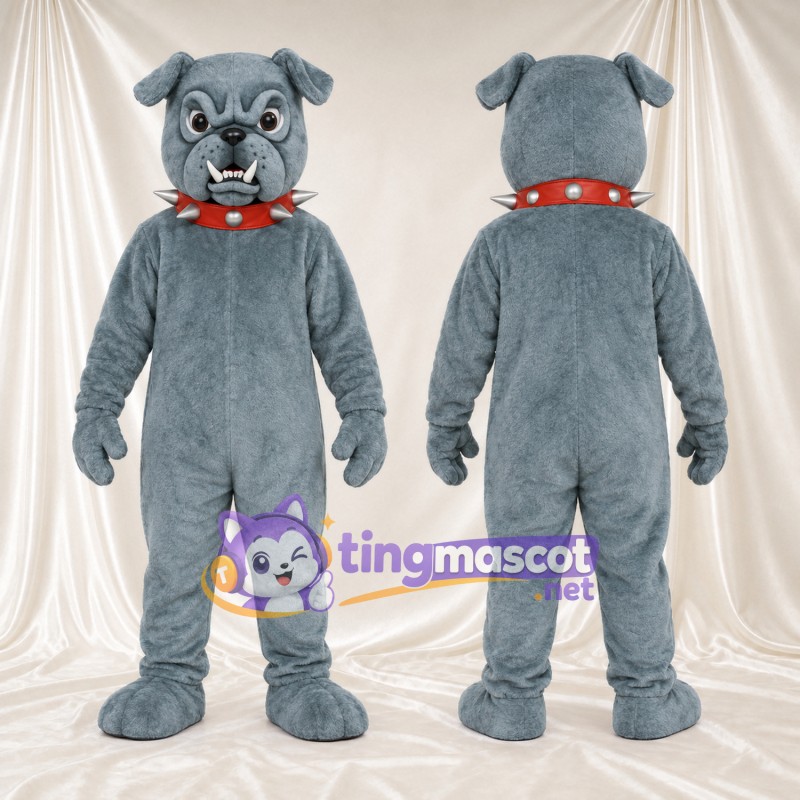 Blue-Gray Bulldog Mascot Costume - Red Spiked Collar and Wide Eyes