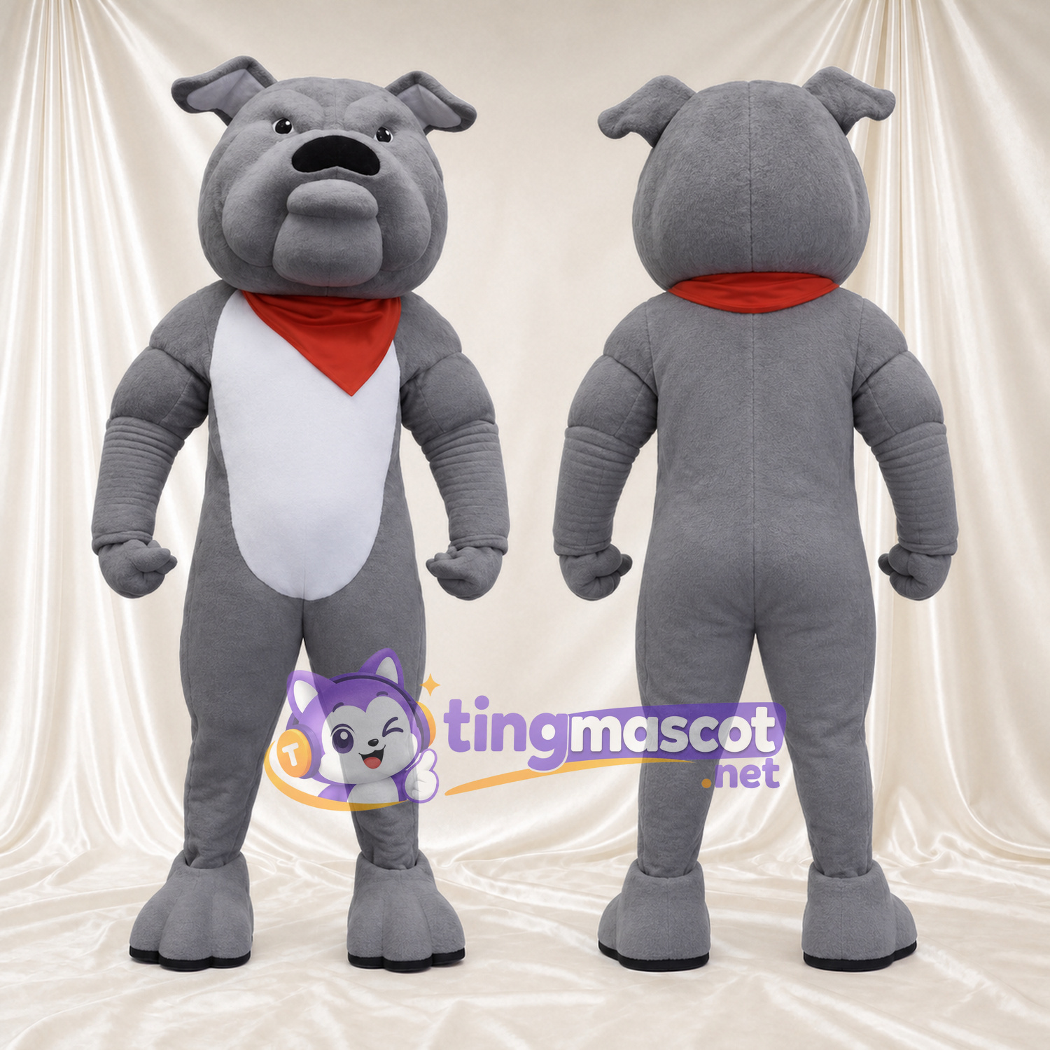 Costume de mascotte Bouledogue – gris – Bandana (rouge); Gilet de sport (blanc) Costume de mascotte Bouledogue – gris – Bandana (rouge); Gilet de sport (blanc)