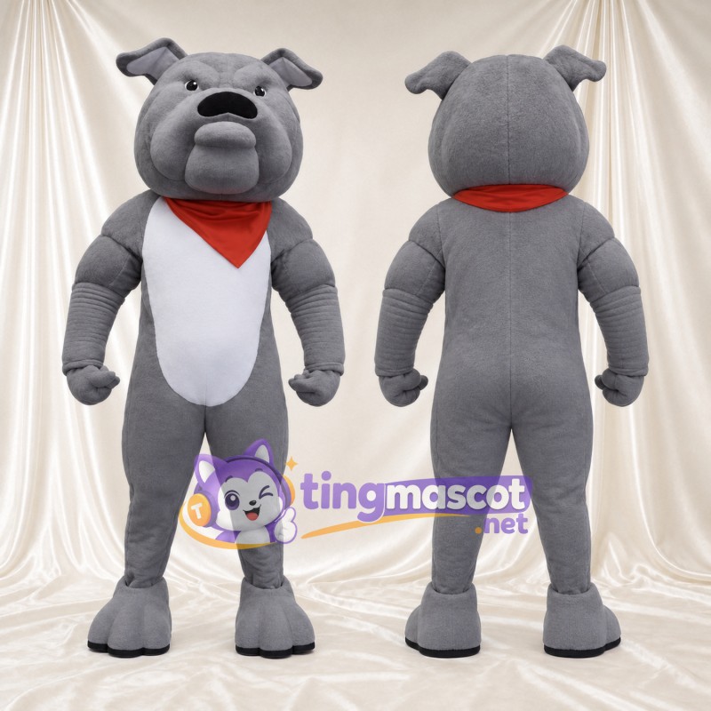 Costume de mascotte Bouledogue – gris – Bandana (rouge); Gilet de sport (blanc)