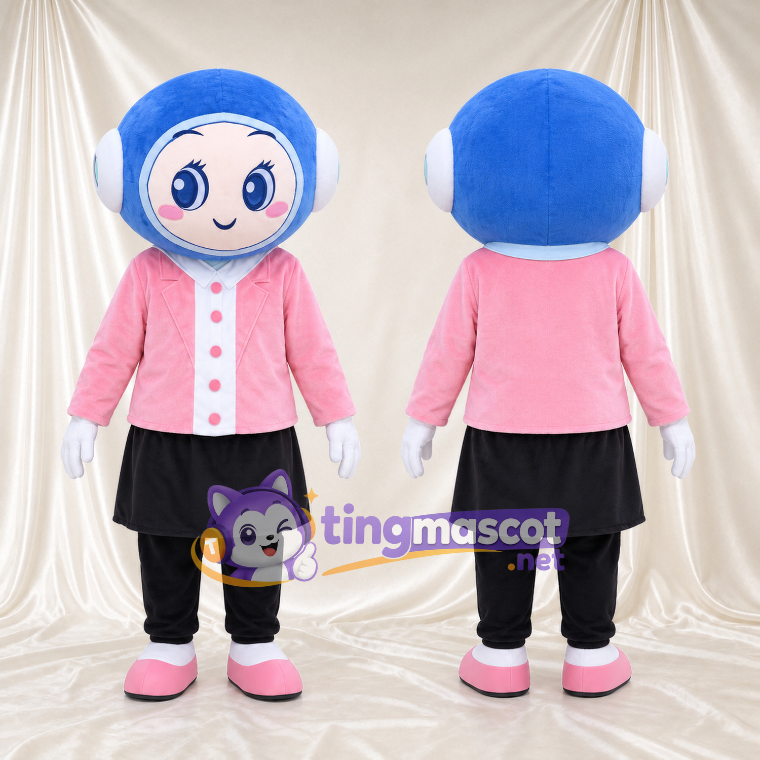 Maskottchenkostüm Mädchenfigur – wie abgebildet – Haare (blau); Jacke (rosa); Rock (schwarz) Maskottchenkostüm Mädchenfigur – wie abgebildet – Haare (blau); Jacke (rosa); Rock (schwarz)