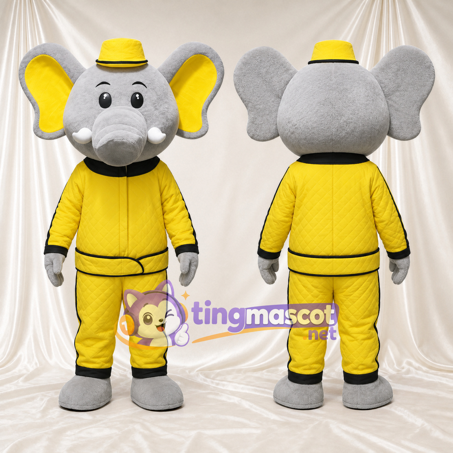 Costume de mascotte Éléphant – gris – Chapeau (jaune); Survêtement (jaune) Costume de mascotte Éléphant – gris – Chapeau (jaune); Survêtement (jaune)