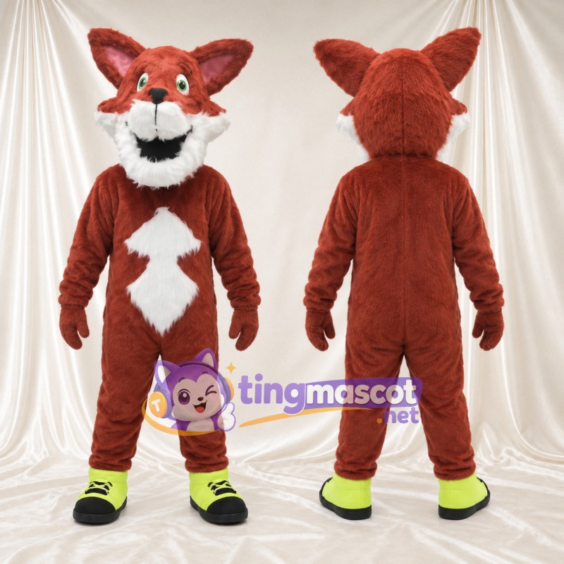 Maskottchenkostüm Fuchs – rostbraun / rot – Brust (weiß); Sneaker (grün)
