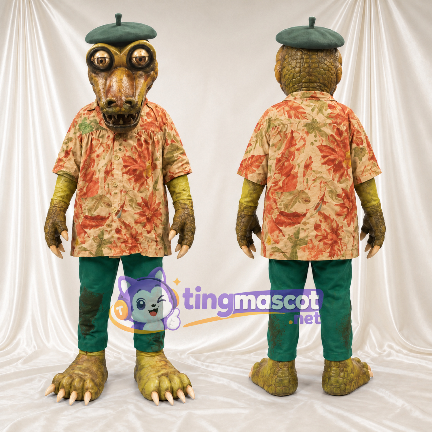 Crocodile Mascot Costume - Green Beret, Floral Shirt and Green Pants Crocodile Mascot Costume - Green Beret, Floral Shirt and Green Pants