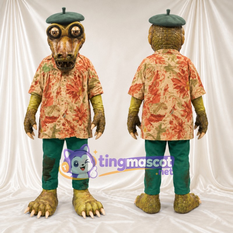 Crocodile Mascot Costume - Green Beret, Floral Shirt and Green Pants