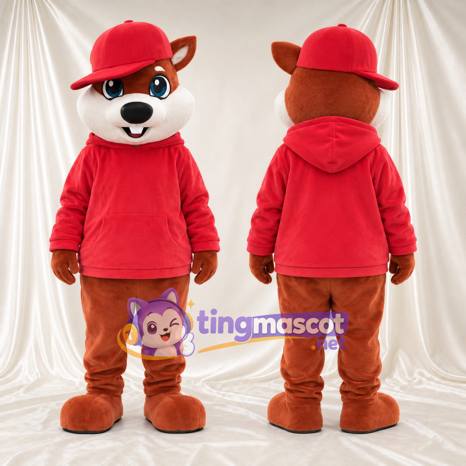 Costume de mascotte Animal – marron – Casquette (rouge); Sweat à capuche (rouge) Costume de mascotte Animal – marron – Casquette (rouge); Sweat à capuche (rouge)