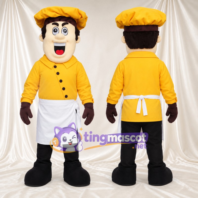 Costume de mascotte Chef cuisinier – selon la photo – Toque de chef (jaune); Chemise (jaune); Tablier (blanc)