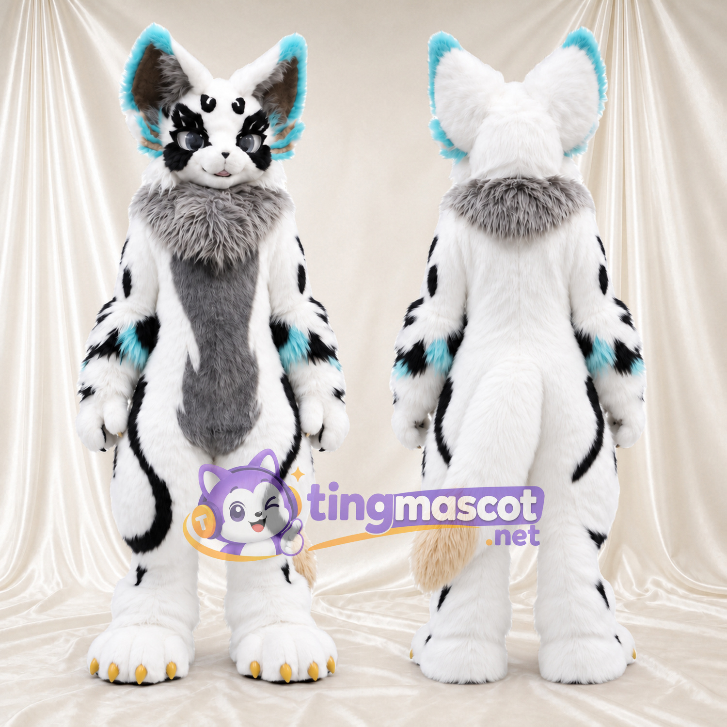 Costume de mascotte Renard – blanc – Pointes des oreilles (noir, turquoise) Costume de mascotte Renard – blanc – Pointes des oreilles (noir, turquoise)