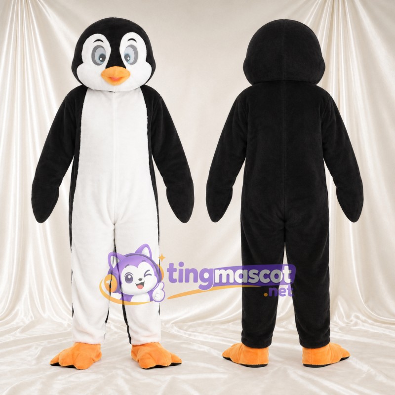 Black and White Penguin Mascot Costume - Gray Eye Rings and Orange Feet