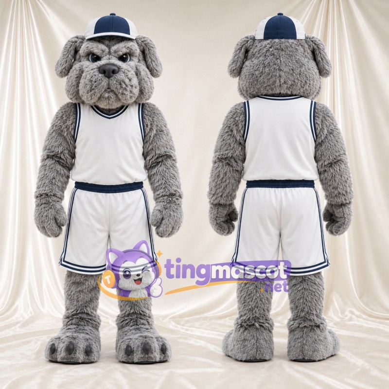 Costume de mascotte Bouledogue – gris – Casquette (bleu marine); Tenue de basket (blanc)