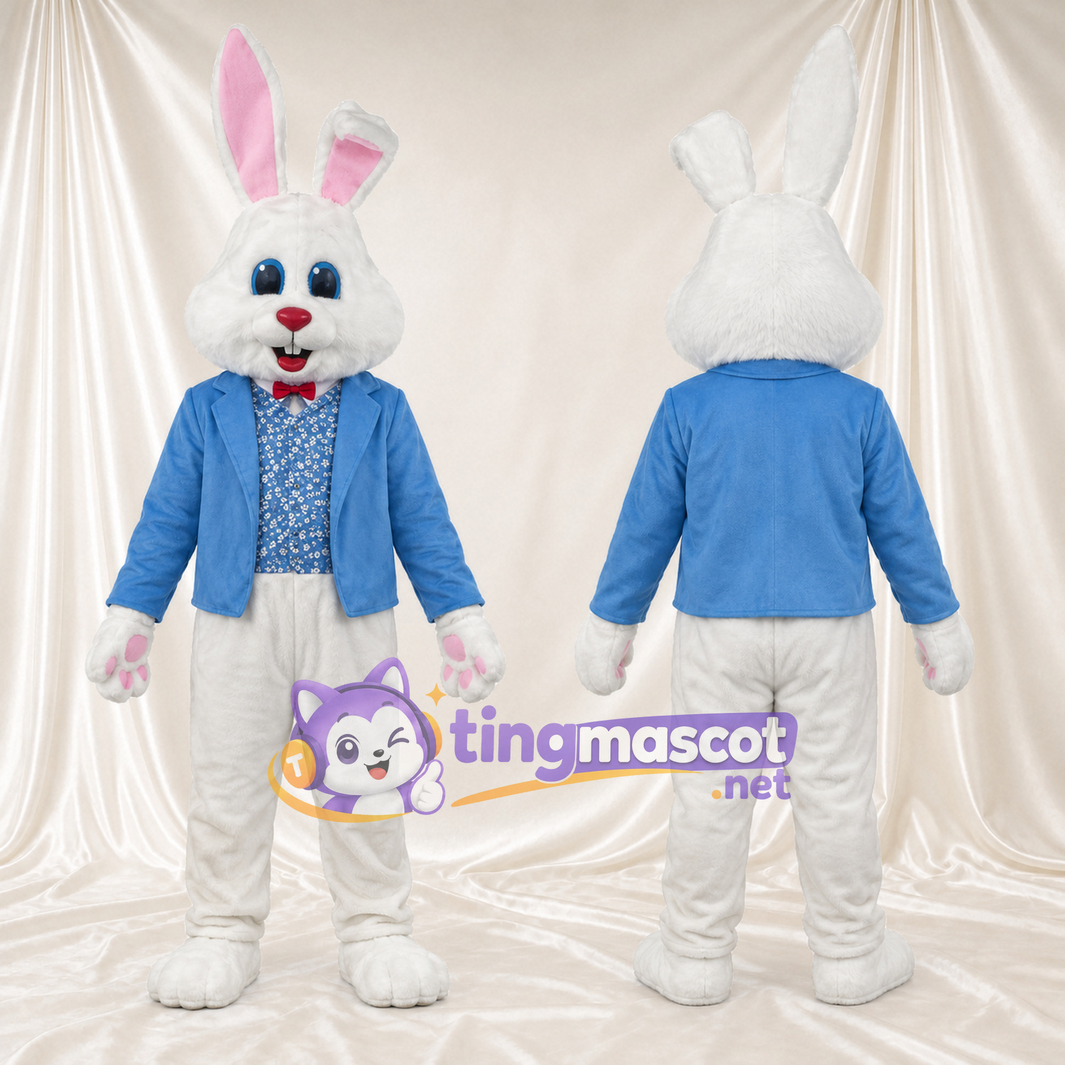Costume de mascotte Lapin – blanc – Chemise (bleu, à motifs, bleu) Costume de mascotte Lapin – blanc – Chemise (bleu, à motifs, bleu)
