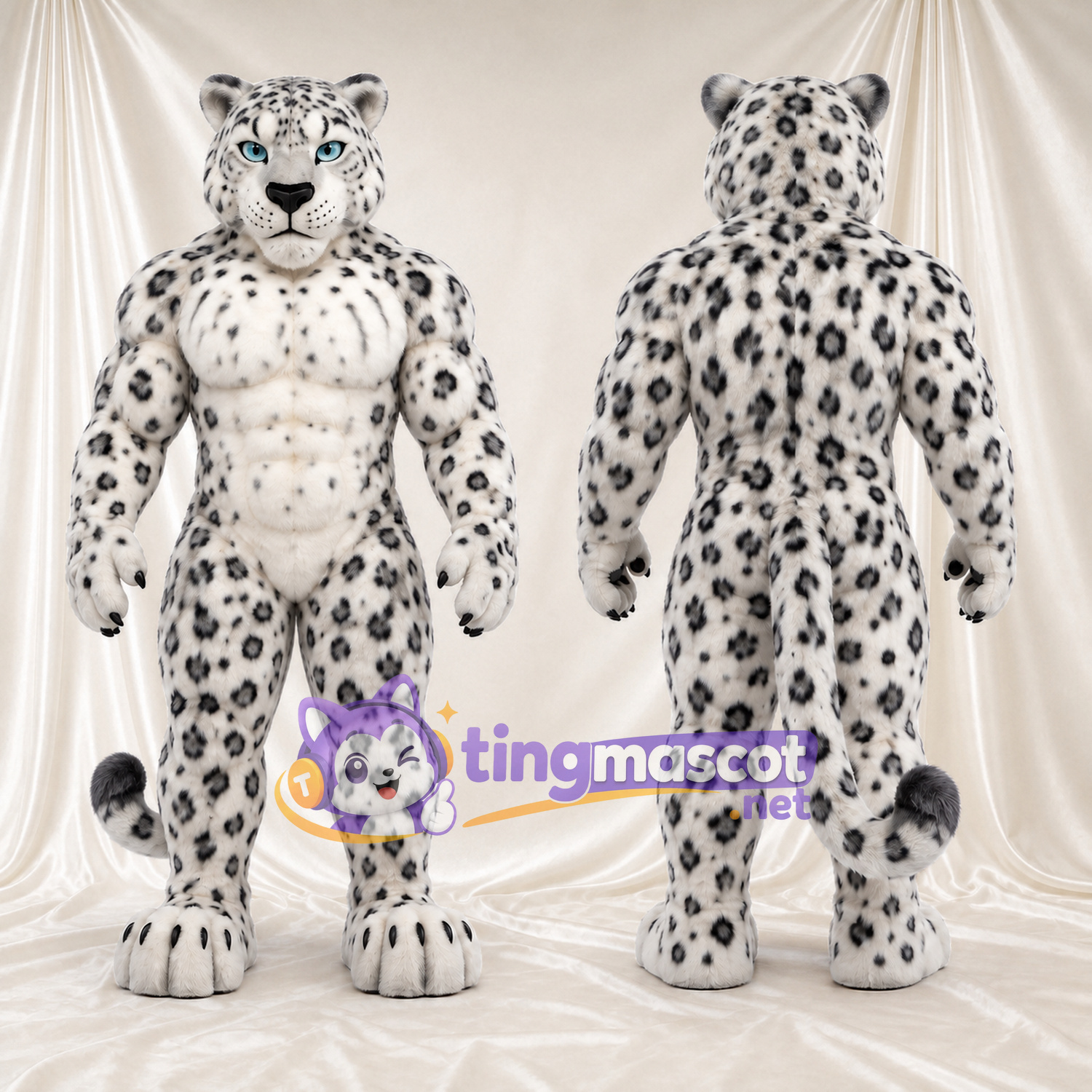 Snow Leopard Mascot Costume - Muscular White Body and Black Spots Snow Leopard Mascot Costume - Muscular White Body and Black Spots